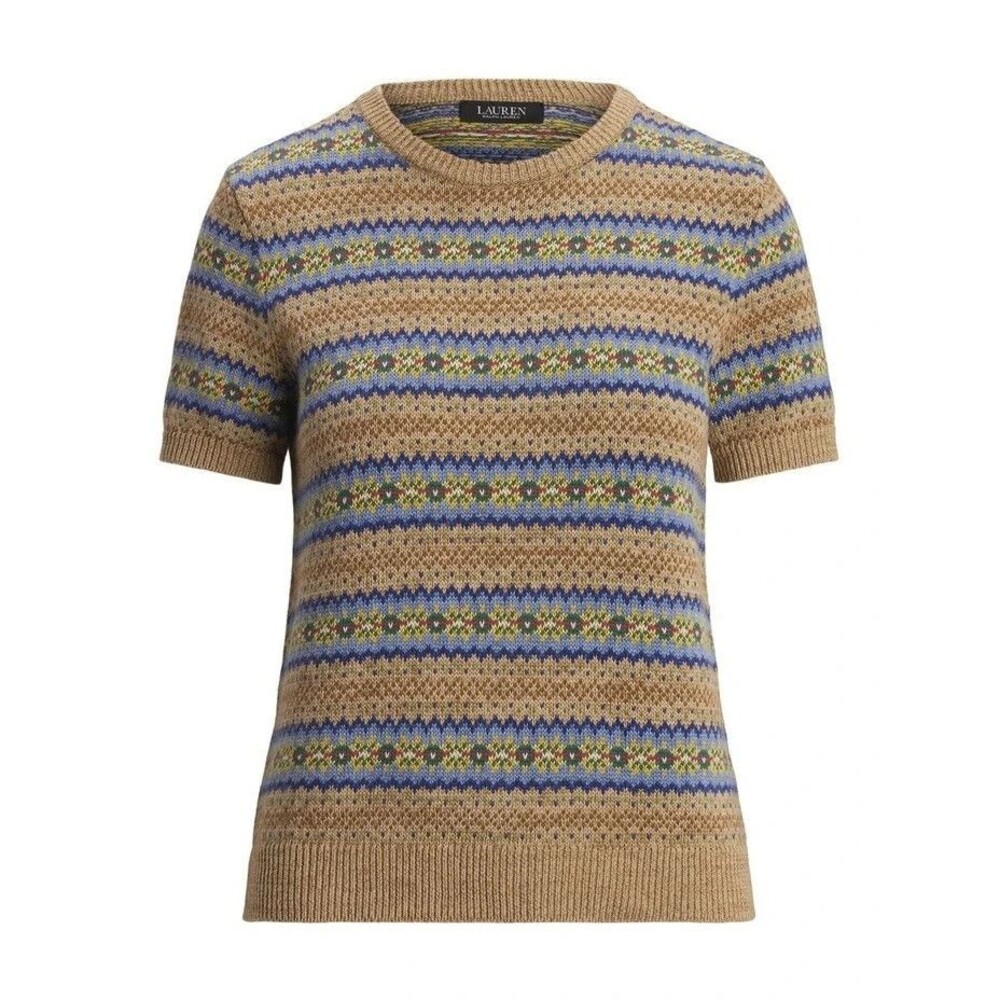 Lauren Ralph Lauren Women's Petite Fair Isle Short Sleeve Sweater Top Tan P/M - Picture 4 of 10